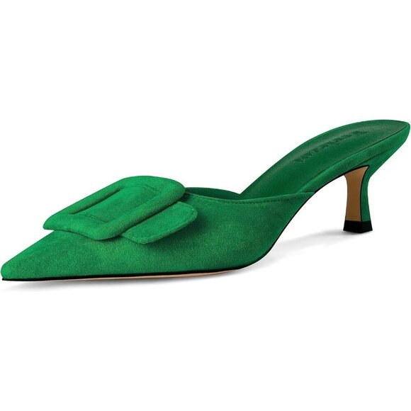 Shoes - Women's Green Mule Slingback Buckle Pumps Pointed Toe Kitten Heels Shoe